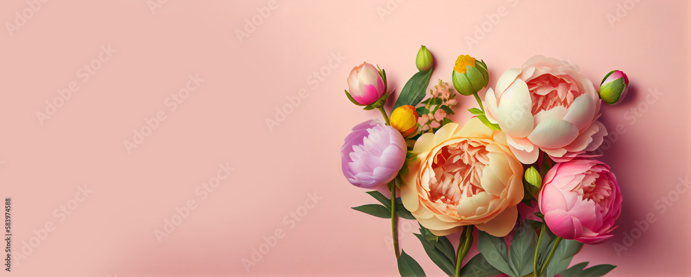 Spring peony flowers on pink pastel background top view in flat lay style. Greeting for Womens or Mothers Day or Spring Sale Banner. Generative Ai. Spring peony flowers on pink pastel background top view in flat lay style. Greeting for Womens or Mothers Day or Spring Sale Banner. Generative Ai.