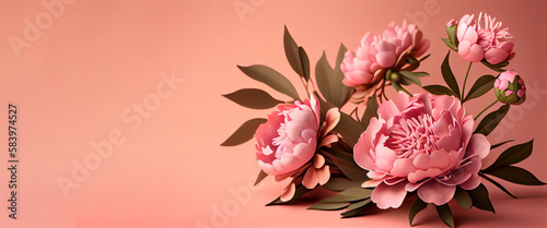 Spring peony flowers on pink pastel background top view in flat lay style. Greeting for Womens or Mothers Day or Spring Sale Banner. Generative Ai.