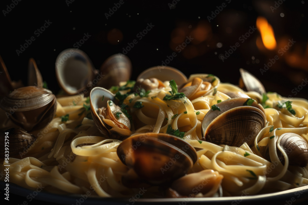 A delicious pasta with clams in white wine garlic sauce. in close-up. A