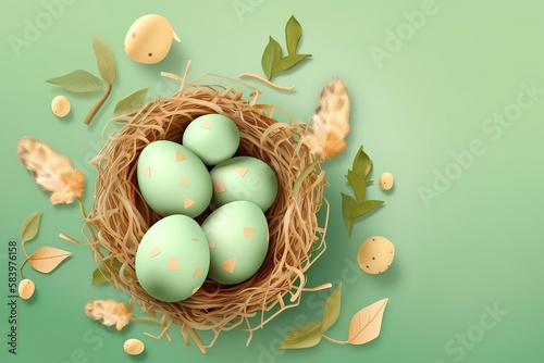 Easter poster and banner template with Easter eggs in the nest on light blue background . Generative AI