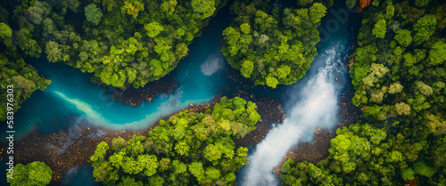 Aerial view of a tropical rainforest. Clouds of fog over a river in the jungle. Generative AI