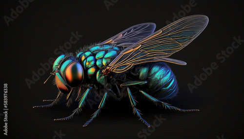 Realistic Detailed 3d fly on Black Background .Generative AI.