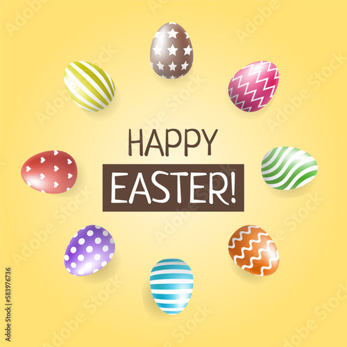 Happy Easter sign and realistic 3d eggs of different colors ornaments. Vector design. 
