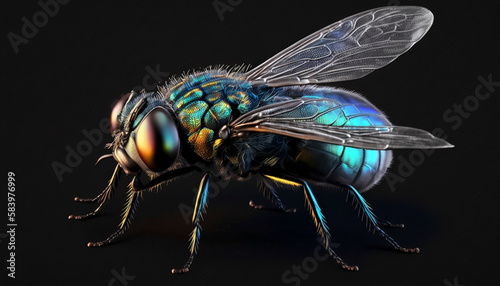 Realistic Detailed 3d fly on Black Background .Generative AI. © ALIF