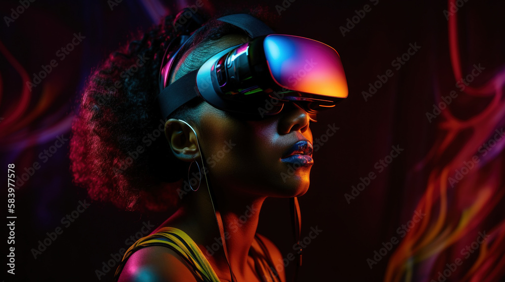 Portrait of African-American woman wearing virtual reality headset. Vivid colors neon glowing HMD generative ai