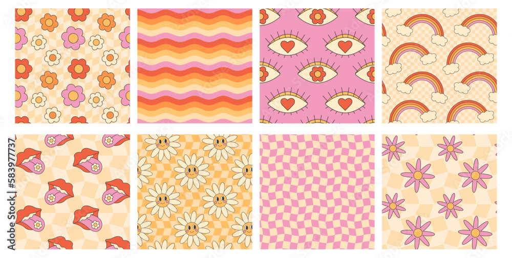Retro groovy hippie seamless pattern set. Seamless abstract geometric pattern. Floral background. Rainbow, daisy, flower, checkerboard, mouth, tongue, wave Retro groovy hippie seamless pattern set. Seamless abstract geometric pattern. Floral background. Rainbow, daisy, flower, checkerboard, mouth, tongue, wave