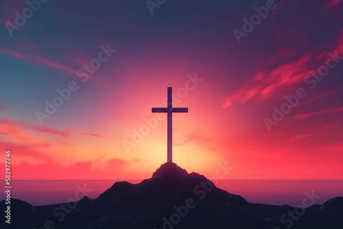 Good Friday concept: cross with sunset in the sky background. Generative AI