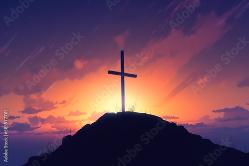 Good Friday concept: cross with sunset in the sky background. Generative AI © Create image