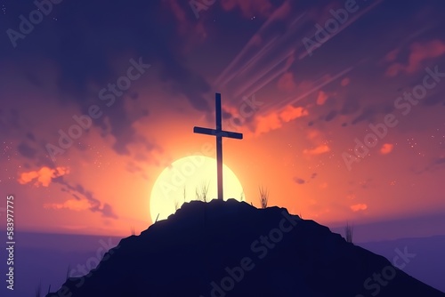 Good Friday concept: cross with sunset in the sky background. Generative AI