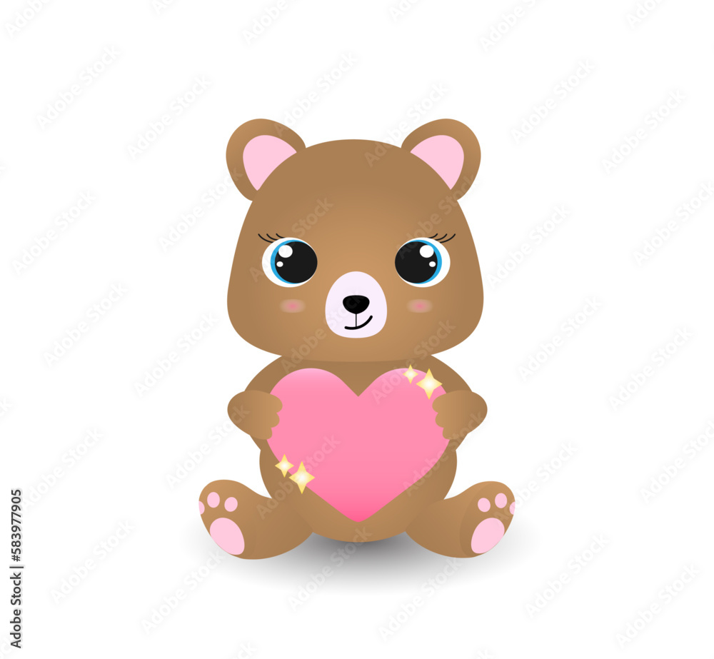 Cute brown teddy bear with pink heart. Vector animal Cute brown teddy bear with pink heart. Vector animal