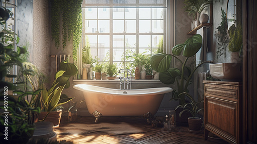 Bathroom interior with bathtub and green plants.generative ai
