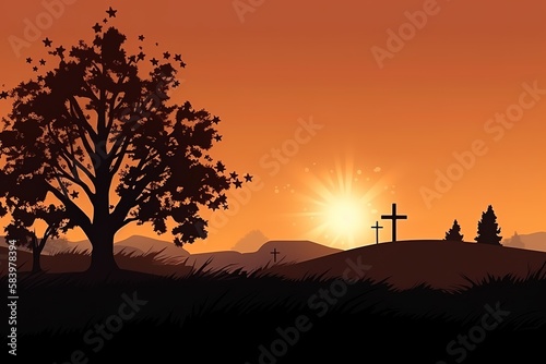 Good Friday concept: Silhouette cross of Jesus Christ on meadow autumn sunrise background. Generative AI © Create image