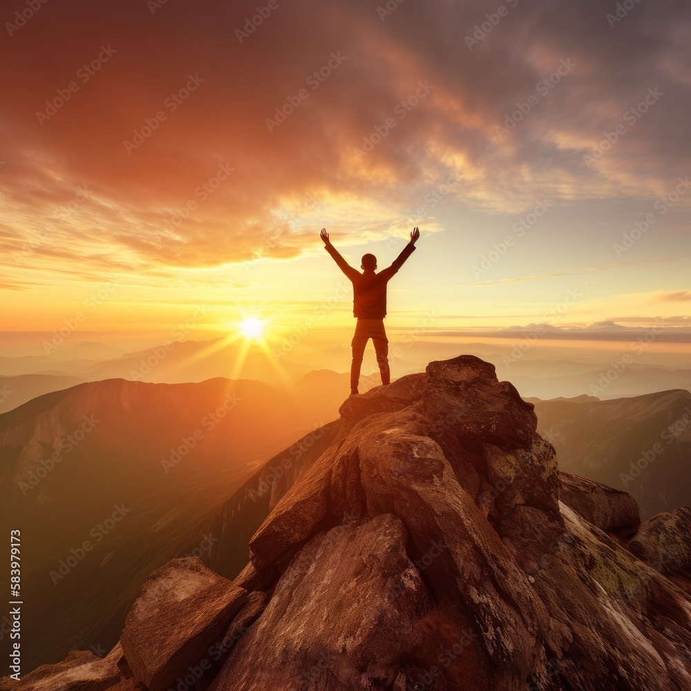 Man on the mountain feeling free on sunset. Summer silhouette of happy young person. Generative AI.