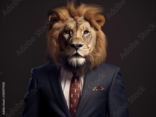 Lion in costume business concept. Portrait of lion businessman. Generative AI.