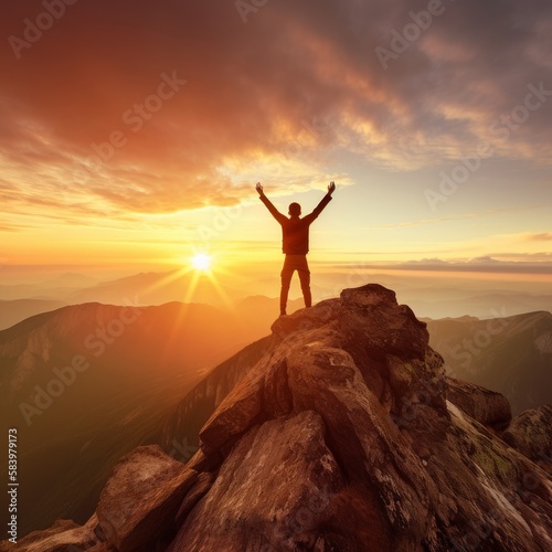 Man on the mountain feeling free on sunset. Summer silhouette of happy young person. Generative AI. © Vadim