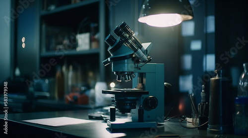 Microscope on table in scientific laboratory, science research and development concept.generative ai