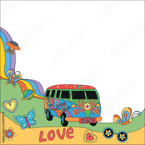 Psychedelic cool vintage background Rainbow with hippie bus stars planets butterflies flying saucers mushrooms and many more different elements. hippie style 60s-70s. vector illustration.
