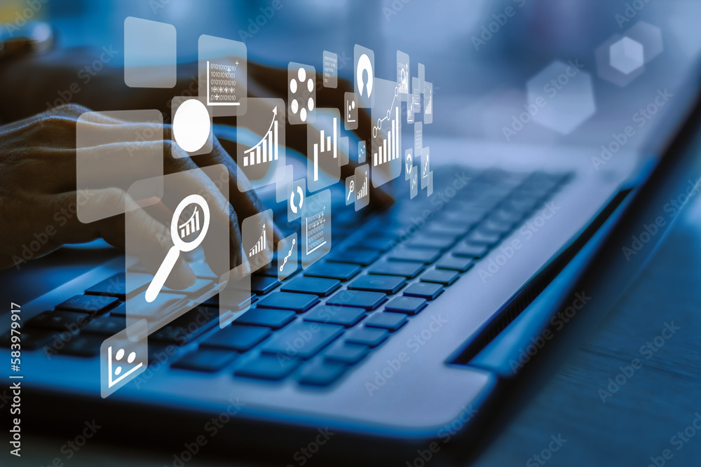 Businesswoman using laptop in data management.with a networked Businesswoman using laptop in data management.with a networked