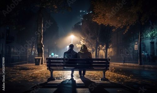  two people sitting on a bench at night in the city. generative ai