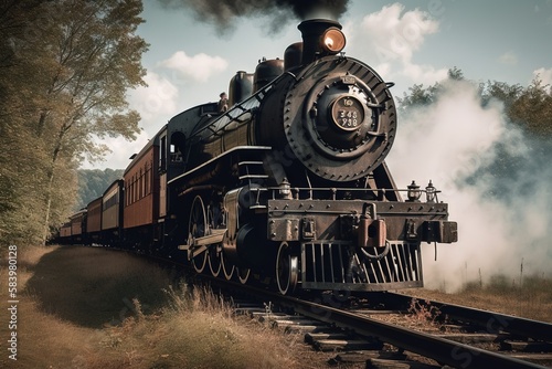  a steam engine train traveling through a rural country side area.  generative ai