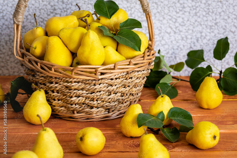 Basket with ripe juicy yellow dream pears close-up wooden table Basket with ripe juicy yellow dream pears close-up wooden table