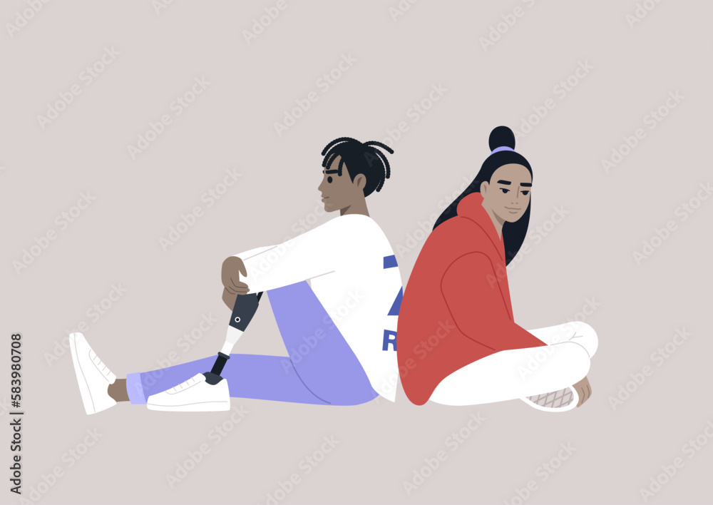 Two youthful figures are seated back-to-back, spending time together, and one of them has a prosthetic leg Two youthful figures are seated back-to-back, spending time together, and one of them has a prosthetic leg