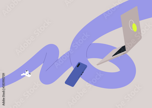 A purple 3D abstract curvy tube swirling with gadgets floating around