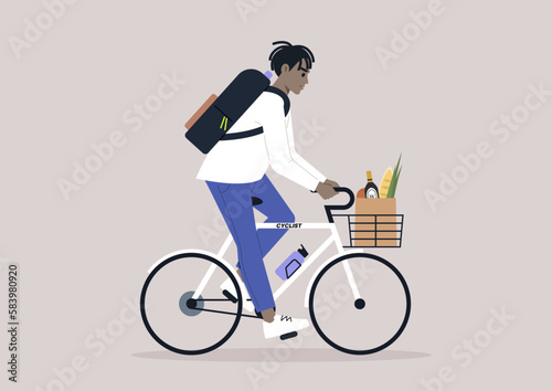 Young male African character combining cycle exercise and errands, balancing groceries in a crate and embracing sustainability