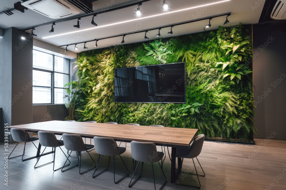 Ecofriendly Office Meeting Room interior with Biophilic Design Elements. Big blank TV screen