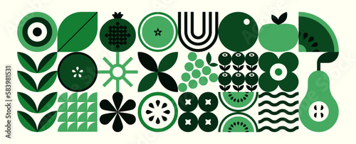 Abstract geometric food pattern. Natural organic fruit plant shapes eco agriculture concept. Vector minimal illustration