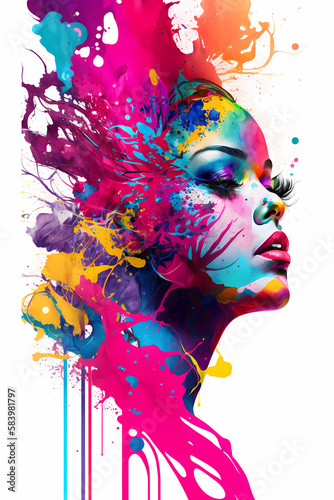 A colorful abstract in the shape of woman's head painted with watercolors on white background © Alcuin