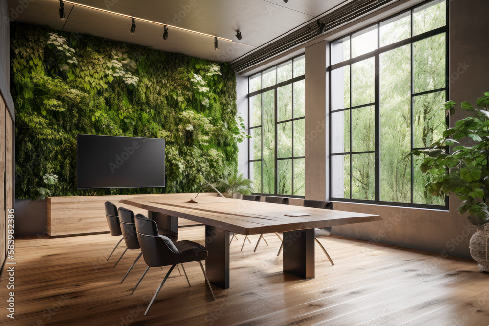 © Karrrtinki - Eco-friendly Office Meeting Room interior with Biophilic Design Elements. Big blank TV screen. Generative AI