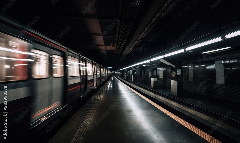  a subway station with a train passing by at night time.  generative ai