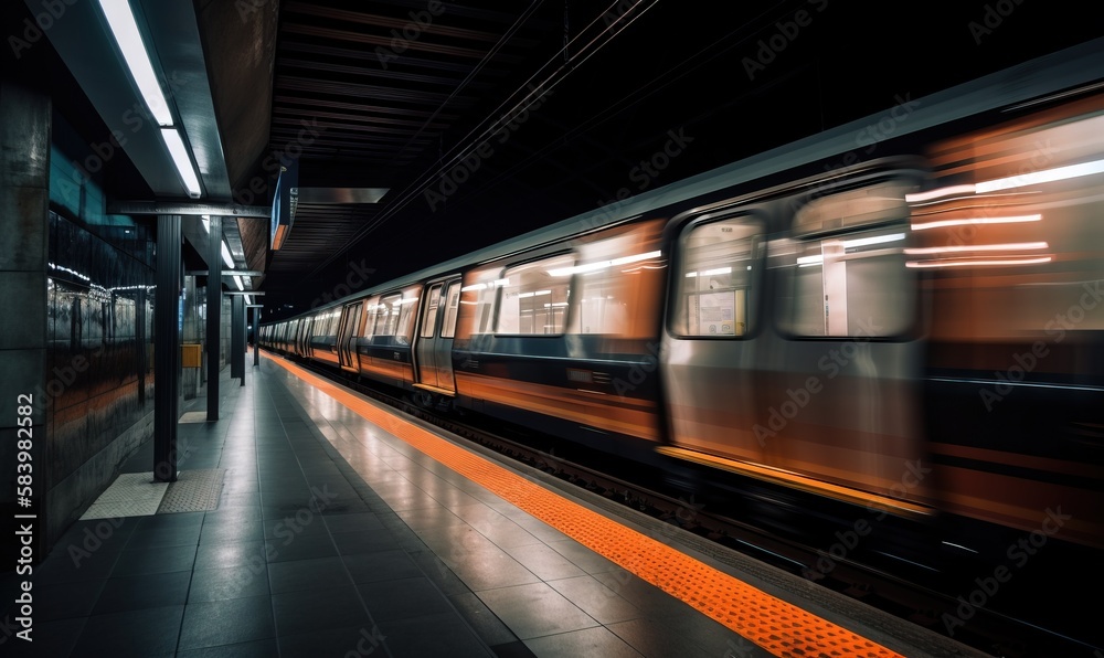 a subway train is moving through the station at night time. generative ai a subway train is moving through the station at night time. generative ai