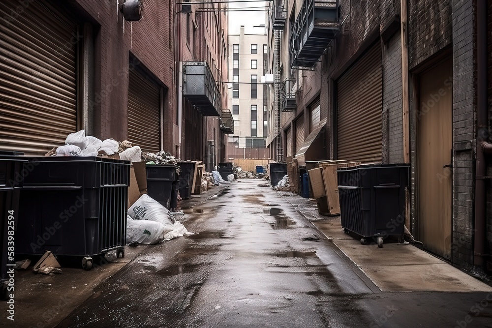  a narrow alley way with garbage cans and trash cans on the side.  generative ai