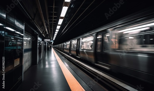 a subway train is moving through a subway station at night.  generative ai © Nadia