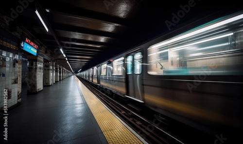  a subway train is moving through a subway station at night. generative ai