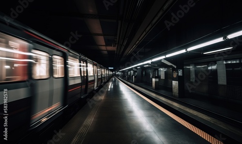  a subway station with a train passing by at night time. generative ai