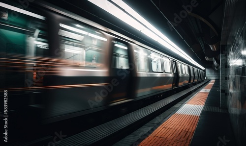  a subway train speeding by in a subway station at night. generative ai