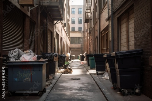  a narrow alleyway with trash cans and garbage cans on the side.  generative ai © Nadia