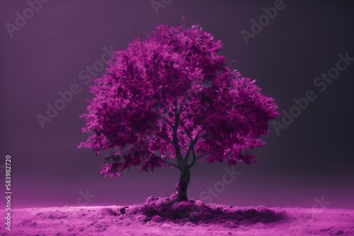 a purple tree in the middle of a purple field of dirt.  generative ai © Nadia