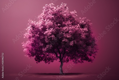  a tree with purple leaves on a pink background with a pink sky.  generative ai © Nadia