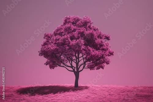  a lone tree in a pink landscape with a pink sky.  generative ai © Nadia