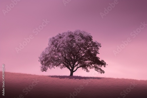  a lone tree in a field with a pink sky in the background. generative ai