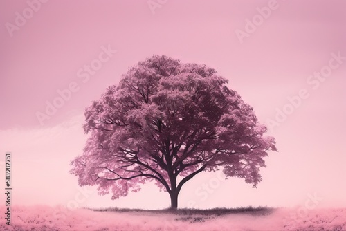  a painting of a tree in a field with a pink sky in the background. generative ai
