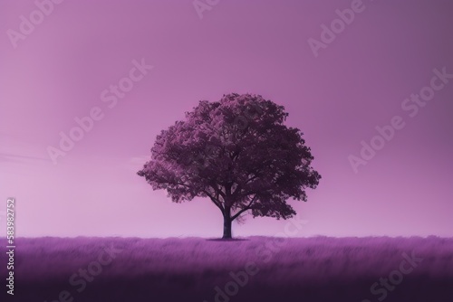  a lone tree stands in a field of purple grass with a purple sky in the background.  generative ai © Nadia