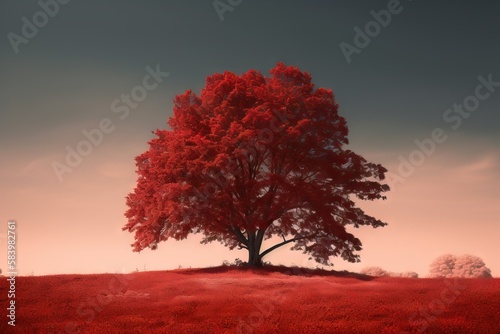  a red tree on a hill with a sky background in the background. generative ai