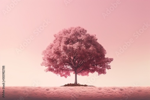  a tree with pink leaves on a small island in the middle of a field. generative ai