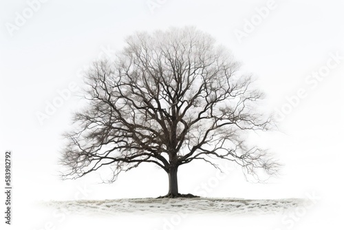 a tree with no leaves on a snowy hill in winter. generative ai