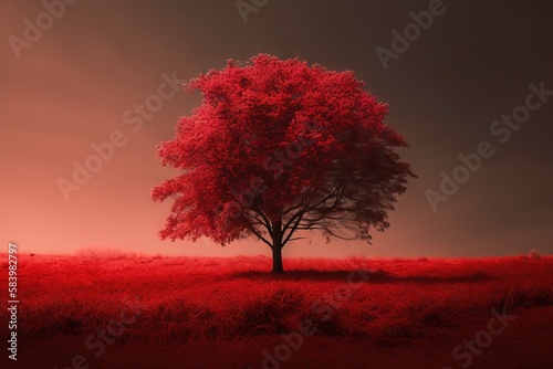  a red tree in a field with a red sky in the background. generative ai